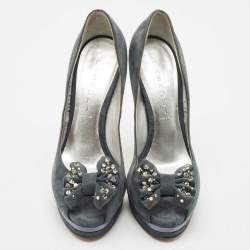 Casadei Grey Suede Crystal Embellished Bow Peep Toe Pumps Size 38