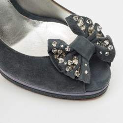 Casadei Grey Suede Crystal Embellished Bow Peep Toe Pumps Size 38