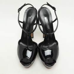 Casadei Black Patent Leather Peep Toe Platform Ankle Strap Sandals Size 38.5