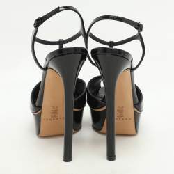 Casadei Black Patent Leather Peep Toe Platform Ankle Strap Sandals Size 38.5