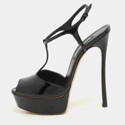 Casadei Black Patent Leather Peep Toe Platform Ankle Strap Sandals Size 38.5