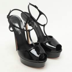 Casadei Black Patent Leather Peep Toe Platform Ankle Strap Sandals Size 38.5
