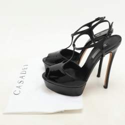 Casadei Black Patent Leather Peep Toe Platform Ankle Strap Sandals Size 38.5