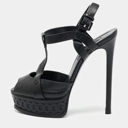 Casadei Black Leather Peep Toe Platform Ankle Strap Sandals Size 37.5