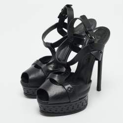 Casadei Black Leather Peep Toe Platform Ankle Strap Sandals Size 37.5