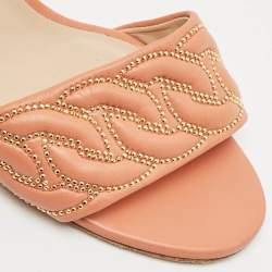 Casadei Peach Pink Leather Block Heel Studded Slide Sandals Size 41
