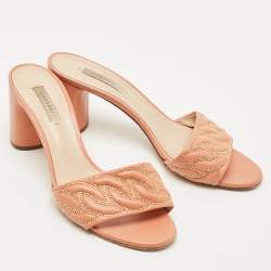 Casadei Peach Pink Leather Block Heel Studded Slide Sandals Size 41