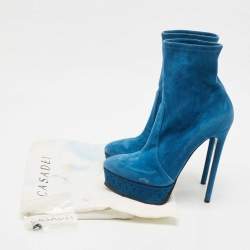 Pre Owned Casadei Blue Suede Chain Embossed Ankle Sock Boots Size 39.5