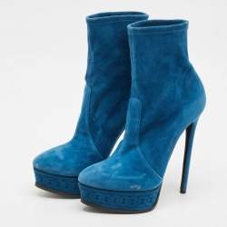 Pre Owned Casadei Blue Suede Chain Embossed Ankle Sock Boots Size 39.5
