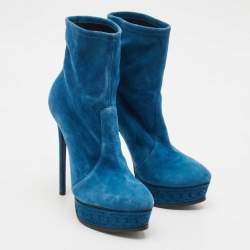 Pre Owned Casadei Blue Suede Chain Embossed Ankle Sock Boots Size 39.5