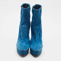 Pre Owned Casadei Blue Suede Chain Embossed Ankle Sock Boots Size 39.5
