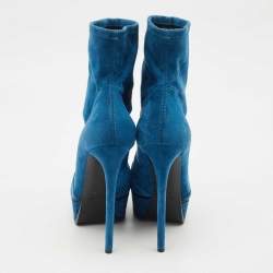 Pre Owned Casadei Blue Suede Chain Embossed Ankle Sock Boots Size 39.5