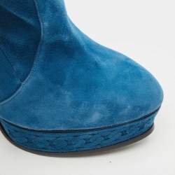 Pre Owned Casadei Blue Suede Chain Embossed Ankle Sock Boots Size 39.5