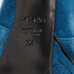 Pre Owned Casadei Blue Suede Chain Embossed Ankle Sock Boots Size 39.5