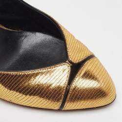 Pre Owned Casadei Metallic Gold Lizard Embossed Leather Round Toe Pumps Size 38.5