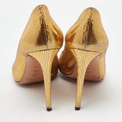 Pre Owned Casadei Metallic Gold Lizard Embossed Leather Round Toe Pumps Size 38.5