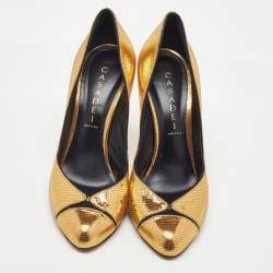 Pre Owned Casadei Metallic Gold Lizard Embossed Leather Round Toe Pumps Size 38.5