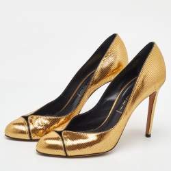 Pre Owned Casadei Metallic Gold Lizard Embossed Leather Round Toe Pumps Size 38.5