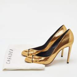 Pre Owned Casadei Metallic Gold Lizard Embossed Leather Round Toe Pumps Size 38.5