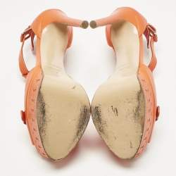 Pre Owned Casadei Orange Leather Platform Ankle Strap Sandals Size 38.5
