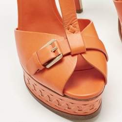 Pre Owned Casadei Orange Leather Platform Ankle Strap Sandals Size 38.5
