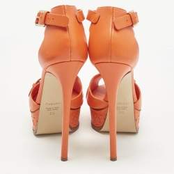 Pre Owned Casadei Orange Leather Platform Ankle Strap Sandals Size 38.5