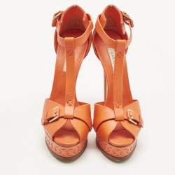Pre Owned Casadei Orange Leather Platform Ankle Strap Sandals Size 38.5