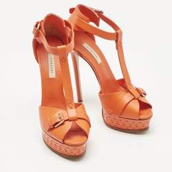 Pre Owned Casadei Orange Leather Platform Ankle Strap Sandals Size 38.5