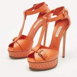 Pre Owned Casadei Orange Leather Platform Ankle Strap Sandals Size 38.5