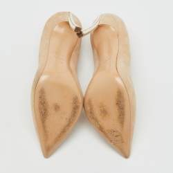 Pre Owned Casadei Beige Suede Pearl Embellished Heel Pointed Toe Pumps Size 37.5