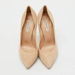 Pre Owned Casadei Beige Suede Pearl Embellished Heel Pointed Toe Pumps Size 37.5