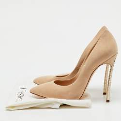 Pre Owned Casadei Beige Suede Pearl Embellished Heel Pointed Toe Pumps Size 37.5