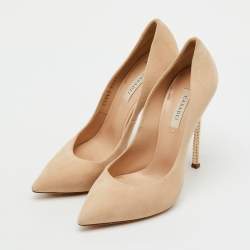 Pre Owned Casadei Beige Suede Pearl Embellished Heel Pointed Toe Pumps Size 37.5