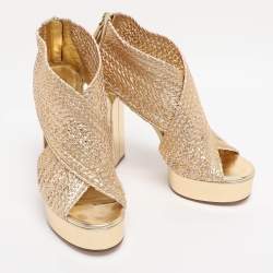 Pre Owned Casadei Gold Woven Leather Barbarella Sandals Size 37.5