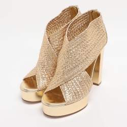 Pre Owned Casadei Gold Woven Leather Barbarella Sandals Size 37.5