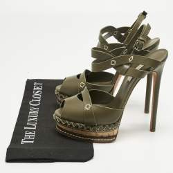 Pre Owned Casadei Green Leather Peep Toe Platform Ankle Strap Sandals Size 39