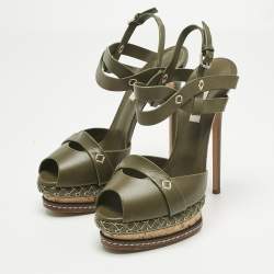 Pre Owned Casadei Green Leather Peep Toe Platform Ankle Strap Sandals Size 39