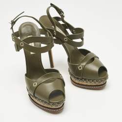 Pre Owned Casadei Green Leather Peep Toe Platform Ankle Strap Sandals Size 39
