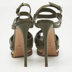 Pre Owned Casadei Green Leather Peep Toe Platform Ankle Strap Sandals Size 39