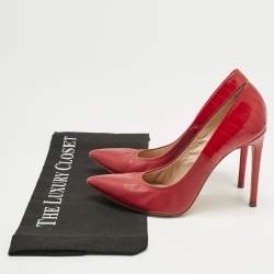 Pre Owned Casadei Red Croc Embossed Patent Leather and Leather Pointed Toe Pumps Size 36.5