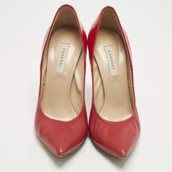 Pre Owned Casadei Red Croc Embossed Patent Leather and Leather Pointed Toe Pumps Size 36.5