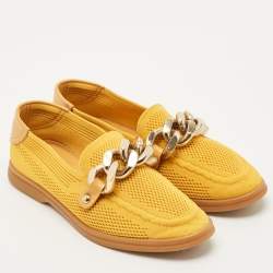 Pre Owned Casadei Yellow Knit Fabric and Leather Hanoi Loafers Size 36.5