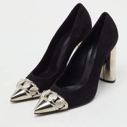 Pre Owned Casadei Black Suede Pointed Toe Crystal Chain Link Pumps Size 37