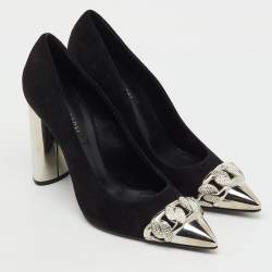 Pre Owned Casadei Black Suede Pointed Toe Crystal Chain Link Pumps Size 37