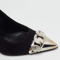 Pre Owned Casadei Black Suede Pointed Toe Crystal Chain Link Pumps Size 37