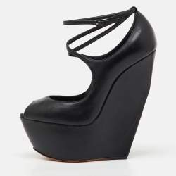 Pre Owned Casadei Black Leather Platform Wedge Pumps Size 38.5