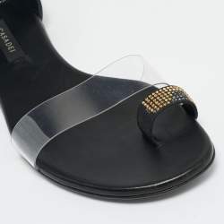 Pre Owned Casadei Black Leather and PVC Crystal Embellished Flat Sandals Size 38
