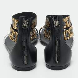 Pre Owned Casadei Black Leather and PVC Crystal Embellished Flat Sandals Size 38