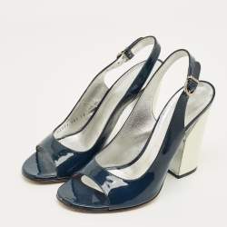 Pre Owned Casadei Navy Blue Patent Leather Open Toe Slingback Pumps Size 38