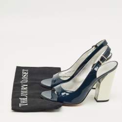 Pre Owned Casadei Navy Blue Patent Leather Open Toe Slingback Pumps Size 38